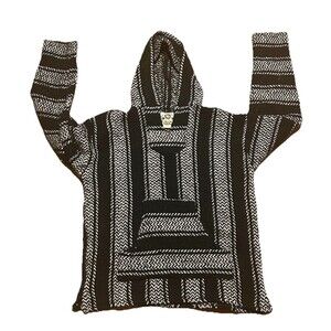 Wild Bill’s Baja Hoodie Small Black White Striped Pullover Sweater Mexico Unisex